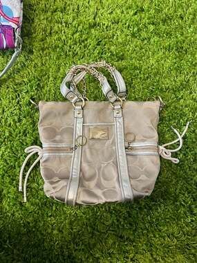 Coach Poppy Signature Sateen Spotlight Tote Handbag in Khaki Gold F13843